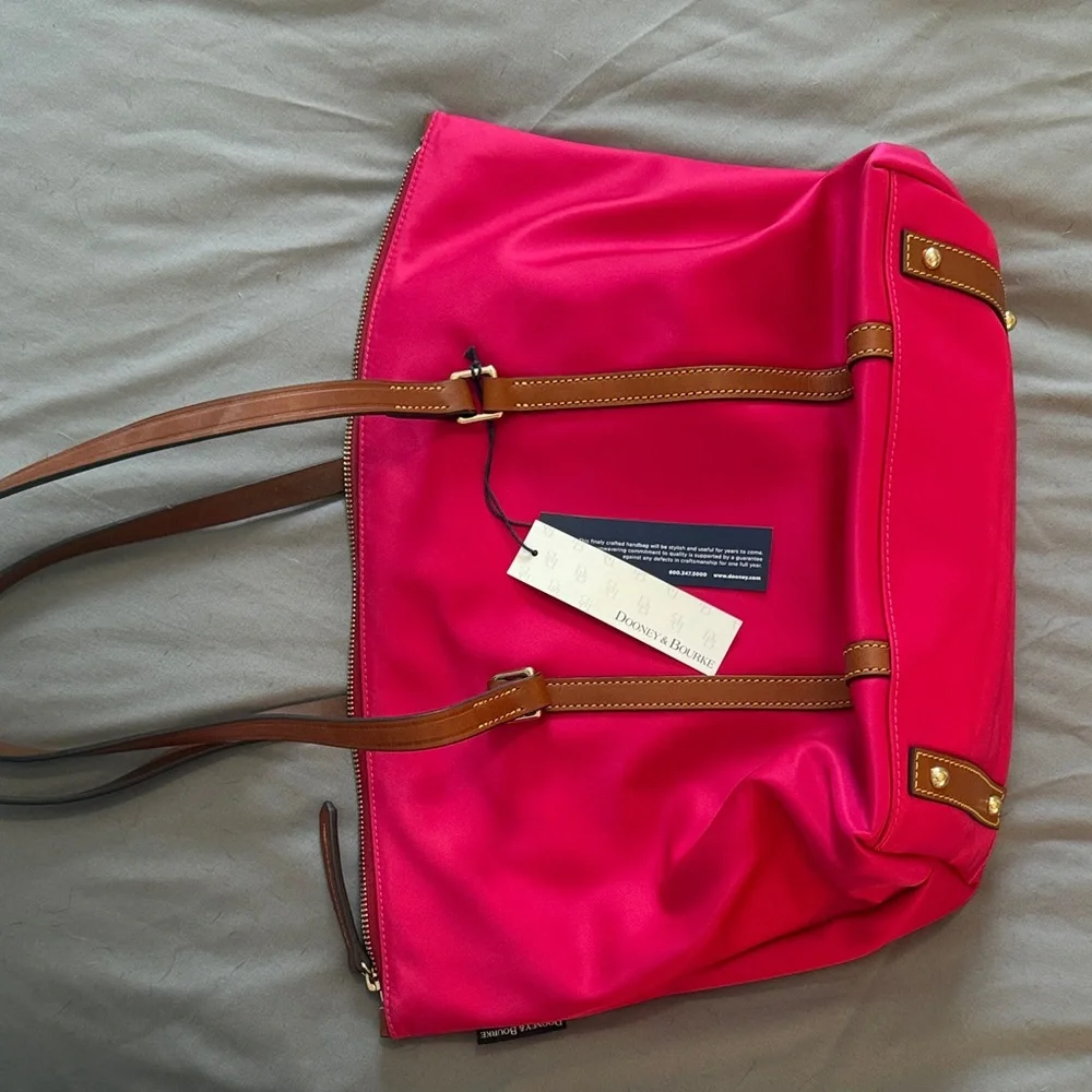 Brand New with tags Dooney & Bourke Fuchsia Tote with Brown Straps - Picture 3 of 7
